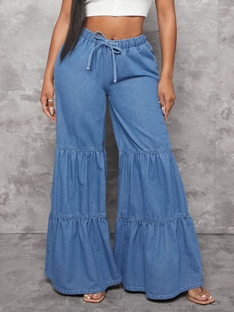 SHEIN SXY Drawstring Front Ruffle Hem Wide Leg Jeans | SHEIN USA Moda Denim, Stylish Fall Outfits, Wide Leg Denim, How To Look Classy, Fashion Wear, Ruffle Hem, Wide Leg Jeans, Denim Fashion, African Fashion