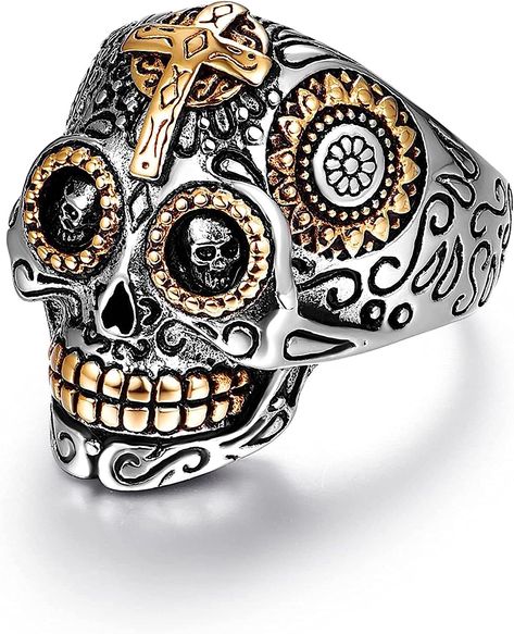 Skull Rings, Sugar Jewelry for Men, Stainless Steel Day of the Dead Biker Gothic Cross Black Womens Mens Promise Wedding Engagement Ring Halloween Christmas Gifts Size 10|Amazon.com Gothic Jewelry Rings, Sugar Skull Ring, Gothic Engagement Ring, Ring Boy, Gothic Ring, Gothic Rings, Great Gifts For Women, Engagement Ring Sizes, Antique Engagement