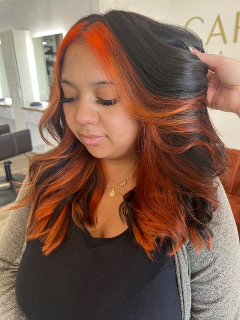 Orange And Black Hair Black Women, Black Hair With Auburn Money Piece, Orange Halo Hair, Bright Orange Highlights In Brown Hair, Black Hair With Orange Money Piece, Black Hair Orange Highlights, Halo Colored Hair, Orange Roots Black Hair, Orange Underneath Hair