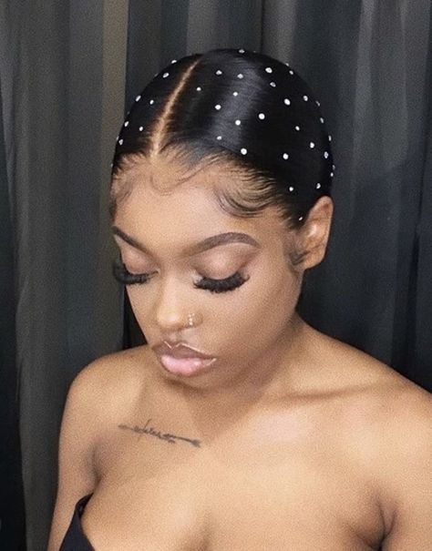 Barbie Ponytail With Diamonds, Prom Hairstyles With Pearls Slick Back, Ponytail With Pearls Black Women, Gems In Hair Black Women, Hair Gems Ponytail, Hair Gems Black Women, Slick Back Ponytail With Gems, Slick Back With Rhinestones, Bedazzled Ponytail