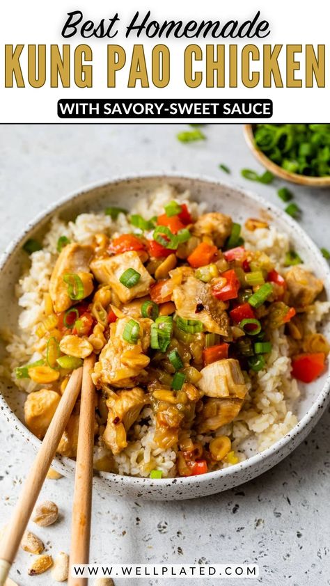 This restaurant-style kung pao chicken recipe has the bold flavors you love from the takeout version, made with easy, healthy ingredients! Instant Pot Kung Pao Chicken, Kung Pao Chicken With Noodles, Best Kung Pao Chicken Recipe, Gluten Free Kung Pao Chicken, Healthy Kung Pao Chicken Recipe, Different Chicken Recipes, Teriyaki Chicken Stir Fry, Kung Pao Chicken Recipe, Asian Inspired Salad