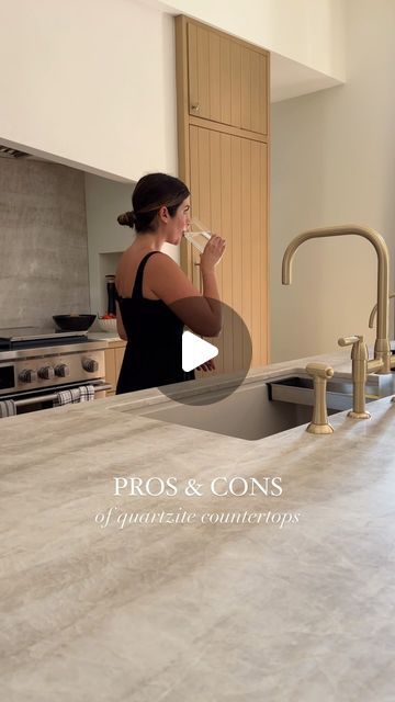 Karla Diaz on Instagram: "Quartzite countertops have become so popular for their durability and aesthetic appeal. This is my first time selecting them for a personal project and here are the biggest pros and cons:  PROS  ✨Durability: Quartzite is a hard, natural stone that is highly resistant to scratches and wear, making it a perfect choice for countertops in areas like the kitchen ✨Heat Resistance: It can withstand high temperatures, so placing hot pots and pans directly on the surface won’t cause damage. ✨Stain Resistance: A big one for me since we cook a lot. When properly sealed, quartzite is resistant to stains from things like wine, coffee, and oils. ✨Low Maintenance: With proper sealing, quartzite is relatively easy to maintain, requiring only regular cleaning with mild soap and wa Patagonia Quartzite Countertops, Quartzite With Brown Veining, Taj Mahal Quartzite With Dark Cabinets, Taj Mahal Quartzite Countertops With Black Cabinets, Kitchen Countertop Stone, Taj Mahal Quartzite Countertops With Travertine Floors, Honed Vs Polished Quartzite, Leathered Taj Mahal Quartzite Kitchen, Tak Mahal Quartzite