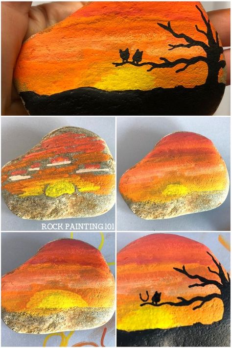 This bright orange sunset rock has a lovely tree silhouette and two fun owls. #sunsetrock #sunriserock #silouetterock #rockpainting #stonepainting #rockpaintingforbeginners #rockpainting101 Art Pierre, Belle Silhouette, Painted Rocks Craft, Orange Sunset, Painted Rocks Diy, Rock Painting Ideas Easy, Rock Painting Patterns, Simple Acrylic Paintings, Rock Painting Designs