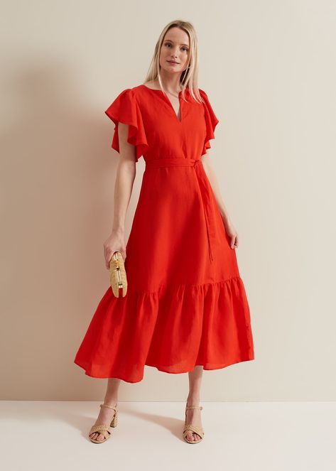 Crafted From An Airy Linen-Rich Blend That'S Perfect For Summer, Our Morgan Dress Is Designed In A Hot Red Shade And Features Feminine Frill Details Around The Short Sleeves And Falls To A Flowy Silhouette.Model Wears Uk Size 10 And Is 5'10 / 179Cmregular Fit. Morgan Dress, Occasion Dresses Wedding, Beachwear Skirt, Linen Midi Dress, Tutus For Girls, Denim Coat Jacket, Phase Eight, Style Maxi Dress, Curve Dresses