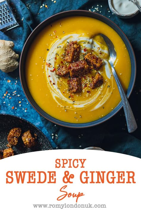 This delicious & Spicy Swede Soup with Ginger is a perfect mid-week dinner! Quick and easy to make and a great way to get those healthy veg in. #soup #swede #ginger #vegan #recipe Swede Recipes Vegan, Swede Soup Recipes, Swede Soup, Swede Recipes, Veganuary Recipes, September Meals, Living Seasonally, Allotment Recipes, Dinner Quick And Easy