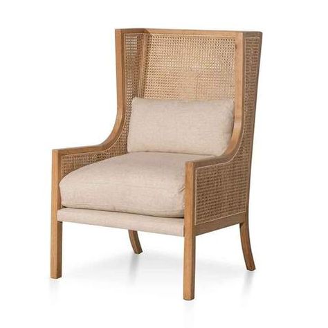 Oak wood construction in an all-natural finish Back and armrest upholstered in woven rattan High-density... Caned Armchair, Rattan Armchair, Outdoor Accent Table, White Oak Wood, Outdoor Armchair, Woven Rattan, Modern Armchair, Wing Chair, Comfortable Chair