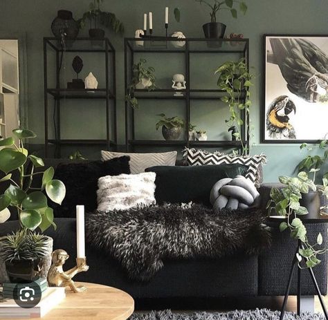 Earthy Grunge Living Room, Black And Plants Aesthetic Home, Living Room Designs Edgy, Dark Ikea Living Room, Black And Green Home Aesthetic, Black Green Home Decor, Black Bohemian Living Room, Black Sofa Green Wall, Dark Nature Living Room