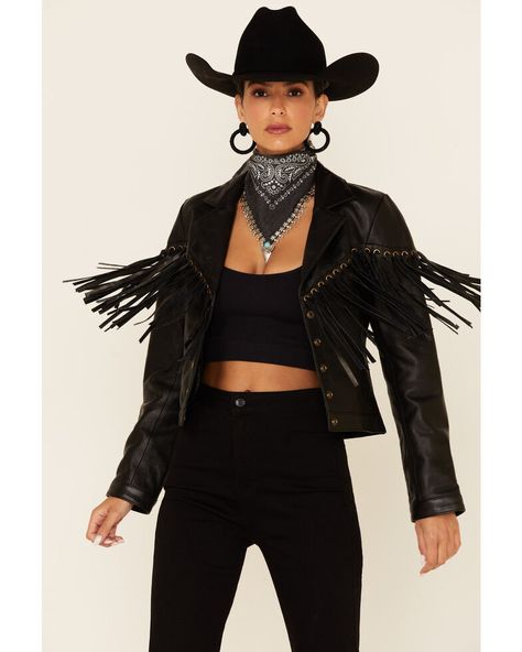 Cowboy Outfits For Women Cowgirls, Fringe Jacket Outfit, Cowboy Outfits For Women, Western Dresses For Women, Black Cowgirl, Cowboy Costume, Boot Barn, Looks Country, Glam Outfit