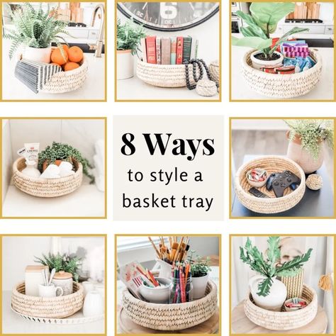 8 Ways to Decorate a Basket Tray - 804 Sycamore Wicker Tray Decor Kitchen, How To Decorate Trays Ideas, Basket Tray Decor Ideas, Round Wicker Tray Decor, Flat Basket Decor Ideas, Round Basket Tray Decor, Small Tray Decor Ideas, Round Basket Decor, Basket Centerpieces Table