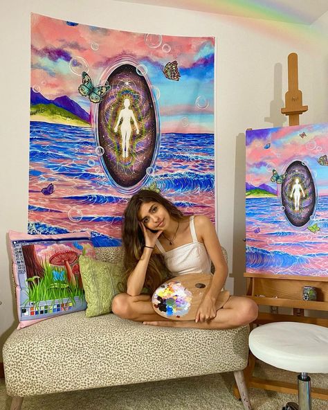 𝙁𝙍𝘼𝙉𝙆𝙄𝙄 ✦ 𝙁𝙧𝙚𝙚𝙡𝙖𝙣𝙘𝙚 𝘼𝙧𝙩𝙞𝙨𝙩🦋🎨🌈🌿 on Instagram: “YAY! “Unified Realms” Tapestries are here!!!🌞🌸🧚🏼 live on my website right now! Available in two sizes 51”x60” & 26”x36” 🧚🏼✨ I love this…” Artist Manifestation, Alevel Art, Trippy Aesthetic, Future Apartment Decor, Surrealism Painting, Future Apartment, Magical Art, Freelance Artist, Artist On Instagram