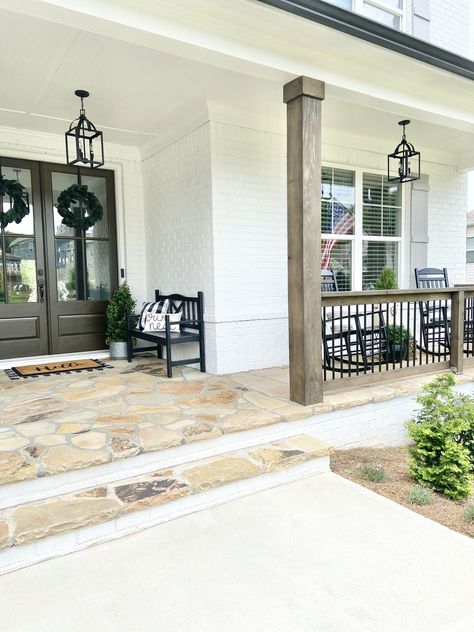 Front Porch Railings, Stone Porches, Front Porch Steps, Front Porch Makeover, Ranch House Exterior, Porch Remodel, House Front Porch, Porch Columns, Front Porch Design