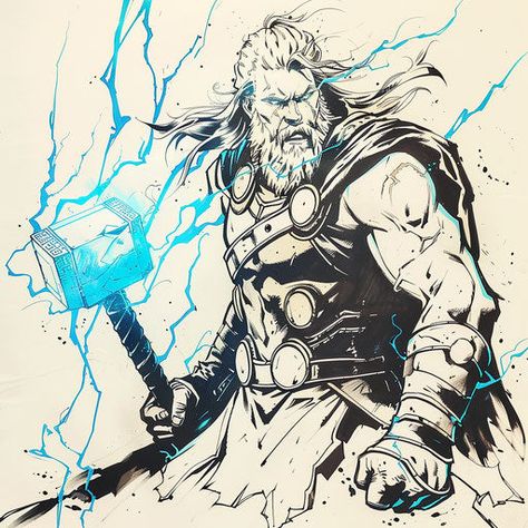 Vibrant Thor Tattoo Master Files Thor Sketch, Thor Artwork, Thor Tattoo, Batman Art Drawing, All Marvel Characters, Marvel Art Drawings, Thor Art, Love Is The Greatest, Action Poses Drawing