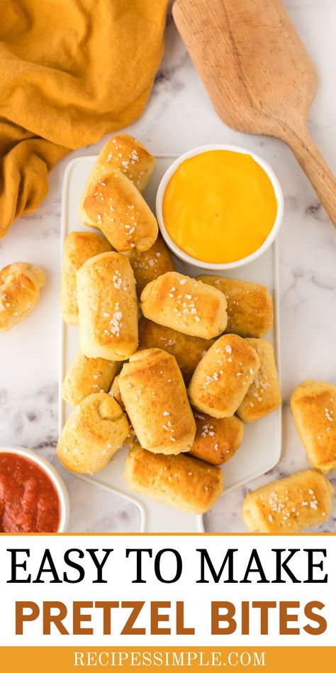 Pretzel bites on white platter with mustard dipping sauce. 3 Ingredient Pretzel Bites, Homemade Auntie Annes Pretzels Bites, Pretzels Bites, Homemade Pretzel Bites, Homemade Pretzel, Soft Pretzel Bites, Baking Soda Water, Homemade Pretzels, Soft Pretzel