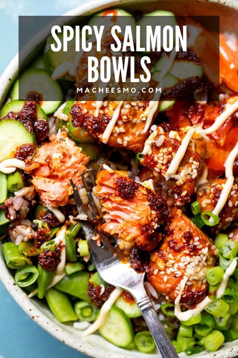 Salmon White Rice, Spicy Sauces, Homemade Marinade, Raw Sushi, Sushi Bowl Recipe, Baked Salmon Lemon, Salmon Bowls, Crunchy Veggies, Salmon Rice Bowl