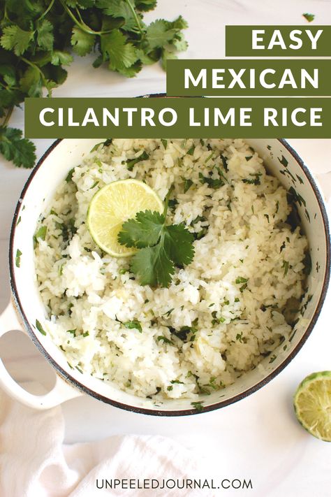 pot of easy cilantro lime rice inspired by chipotle recipe Cilantro Mexican Rice, Like Rice Recipe, White Cilantro Lime Rice, White Lime Rice, Like Cilantro Rice, Rice And Cilantro Recipes, Cilantro Rice Recipe Easy, Recipes For White Rice, Mexican Cilantro Lime Rice