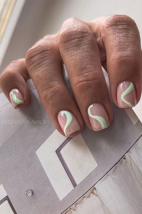 50. Mint Swirl Short Nail Art Design Not only your clothes that will make your look pop. Make your manicure pop this summer with... Short Nails With Swirl Design, Natural Nail Swirl Design, Mint Nails Design Short, Swirl Nail Art Short Nails, Wavy Nail Art Short Nails, Squiggle Nails Short, Short Nails Swirl Design, Mint Short Nails, Minimalist Short Nail Art