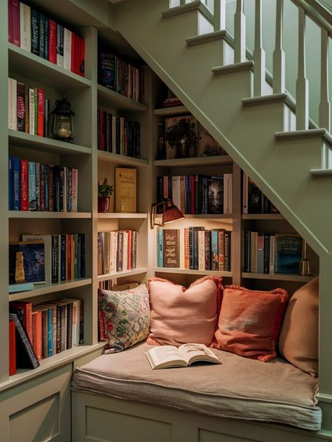 23 Under Stairs Storage Ideas – The DIY Desire Bookcase Next To Stairs, Library Under Stairs Ideas, Cozy Under Stairs Nook, Closet Offices, Bookcase Stairs, Stair Bookshelf, Under Stairs Storage Ideas, Under Stairs Nook, Stairs Storage Ideas