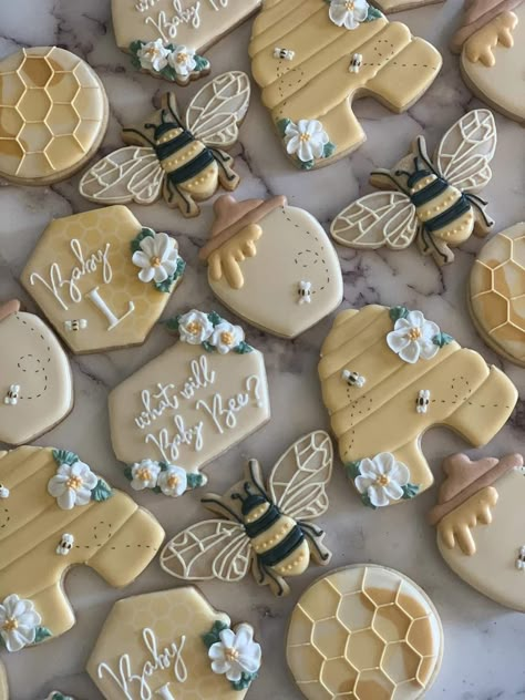 Mama To Bee Cookies, Honey Bee Is Three, Bee Themed Sugar Cookies, Honey Bee Cookies Decorated, What Will It Bee Gender Reveal Cookies, Honey Pot Cookies, What Will Baby Bee Cookies, Bee Bridal Shower Cookies, Honey Themed Gender Reveal