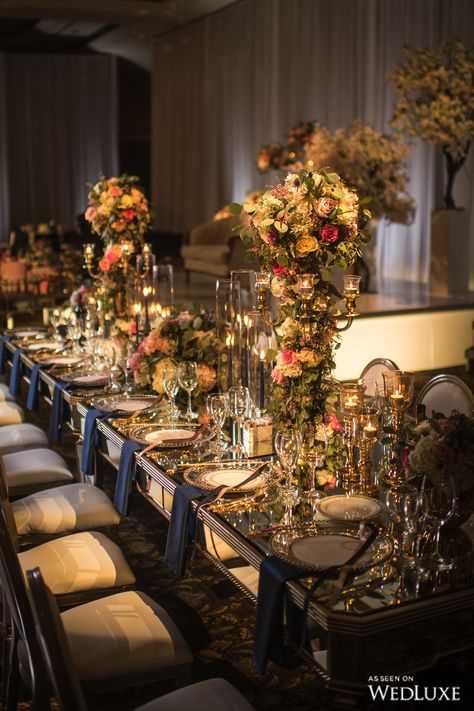 Follow us @SIGNATUREBRIDE on Twitter and on FACEBOOK @ SIGNATURE BRIDE MAGAZINE Baroque Flower Arrangements, Baroque Wedding Flowers, Rembrandt Inspired Wedding, Baroque Dinner Party, Baroque Style Wedding, Dramatic Table, Baroque Wedding, Modern Baroque, White And Pink Roses