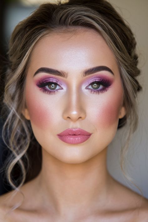 Get inspired by this romantic glam makeup look, perfect for special events or a glamorous night out! Featuring soft pink lips, glowing skin, and a stunning berry-toned eyeshadow with shimmery accents, this look is both bold and feminine. Whether you're a makeup lover or looking for new beauty ideas, this trendy look will elevate your style. Ready to recreate this flawless look? Pin now for all your makeup inspiration! Romantic Glam Makeup, Berry Eyeshadow, Soft Pink Lips, Pink Berry, Glam Makeup Look, Dramatic Eyes, Bold Makeup, Pink Makeup, Beauty Ideas