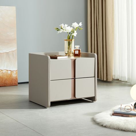 This sophisticated bedside table combines a durable melamine board structure with the luxe finish of PVC leather upholstery, offering a modern touch to bedroom decor. The matte sintered stone tabletop, a blend of processed natural minerals, is not just aesthetically pleasing but also impressively resistant to heat, chemicals, and scratches. With two smoothly gliding drawers, it provides ample storage space for bedside essentials while maintaining a sleek profile. The table's elegant design and f Stone Nightstand, Bed Side Table Design, Modern Night Stand, Centre Table Design, Bed Side Tables, Contemporary Bedrooms, Bedside Essentials, Bed Side Table, Прикроватные Тумбочки