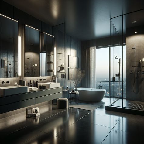 Unleash modern sophistication in this bachelor's master bathroom. Dark hues, sleek design, and state-of-the-art fittings create a masculine haven. Be charmed by the glass shower enclosure, ambient mood lighting, double marble sink, and minimalist accessories. #BachelorPad #ModernBathroom #BachelorBathroom #MasterBathroom #LuxuryLiving #HomeStyle Luxury Double Shower Bathroom, Dream Bathrooms Luxury Master Bath, Dark Luxury Bathroom, Dark Modern Bathroom, Penthouse Bathroom, Luxury Master Bath, Dream Bathrooms Luxury, Ensuite Vanity, Master Ensuite Bathroom