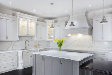 Quartz Backsplash Pros and Cons - Kitchen Infinity Kitchen Quartz Backsplash, Quartz Backsplash Kitchen, Quartz Countertops And Backsplash, Kitchen Quartz, Mansion Kitchen, Kitchen Slab, Quartz Backsplash, Countertop Backsplash, Quartz Kitchen Countertops