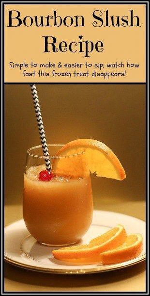 This Bourbon Slush is a frozen drink that everyone will LOVE. Simple to make and easier to sip; watch how fast this frozen treat disappears! It is the perfect addition to spike up your next big party! As they say, "Glass half full, glass half empty. Who cares as long as there is Bourbon in it?" Bourbon Slush Recipe, Slush Recipes, Frozen Cocktail, Bourbon Recipes, Bourbon Drinks, Frozen Cocktails, Bourbon Cocktails, Alcohol Drink Recipes, Fruit Drinks