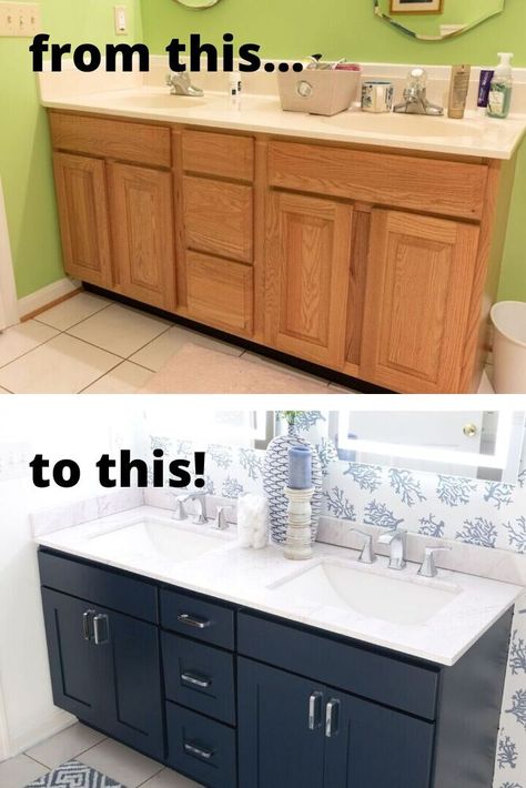 Builder Grade Bathroom Vanity Makeover DIY Builder Grade Bathroom, Bathroom Cabinet Colors, Bathroom Cabinet Makeover, Makeover Kamar Mandi, Painted Vanity Bathroom, Painting Bathroom Cabinets, Vanity Makeover, Diy Bathroom Makeover, Bathroom Vanity Makeover