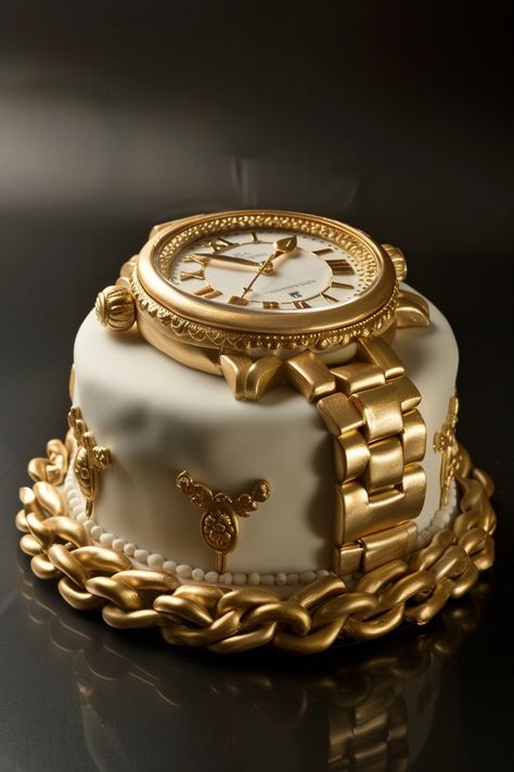 A Celebration with a Luxurious Rolex-Themed Cake Rolex Watch Cake, Rolex Cake, Watch Cake, Cake Aesthetic, Elegant Birthday Cakes, Cupcake Birthday Cake, Adult Birthday Cakes, Creative Birthday Cakes, Creative Birthday