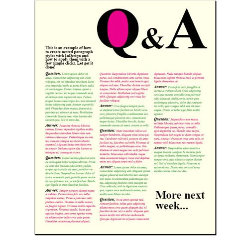 Creating a Question and Answer Format with InDesign Nested Styles - Tuts+ Design & Illustration Tutorial Great example for the beauty of using paragraph styles! Magazine Question And Answer Layout, Question And Answer Design Layout, Q And A Magazine Layout, Interview Article Design, Question Answer Design, Q&a Design Layout Graphics, Q&a Magazine Layout, Q&a Layout Design, Question And Answer Format