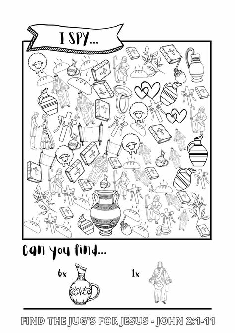 Bible themed i-SPY Printable Activity Sheets | PDF Download - Free Bible Worksheets Jesus Turns Water Into Wine Craft, Church Activity Sheets, Sunday School Activity Sheets, Jesus Turns Water Into Wine, Bible Activity Sheets, Sunday School Worksheets, Catholic Kids Activities, Printable Bible Activities, Bible Study Activities