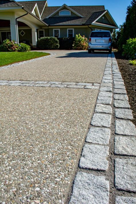 Mediterranean Driveway Ideas, Pervious Concrete Driveway, Gravel And Cement Driveway, Pebble Concrete Driveway, Concrete Driveway With Brick Inlay, Natural Stone Patios, Pea Stone Driveway, Gravel And Concrete Driveway, Natural Stone Driveway