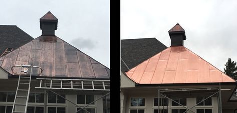 Copper Metal Roof, Metal Roof Colors, How To Clean Copper, Metal Roofs, Roof Flashing, Copper Paint, Copper Roof, Home Exterior Makeover, Roof Cleaning