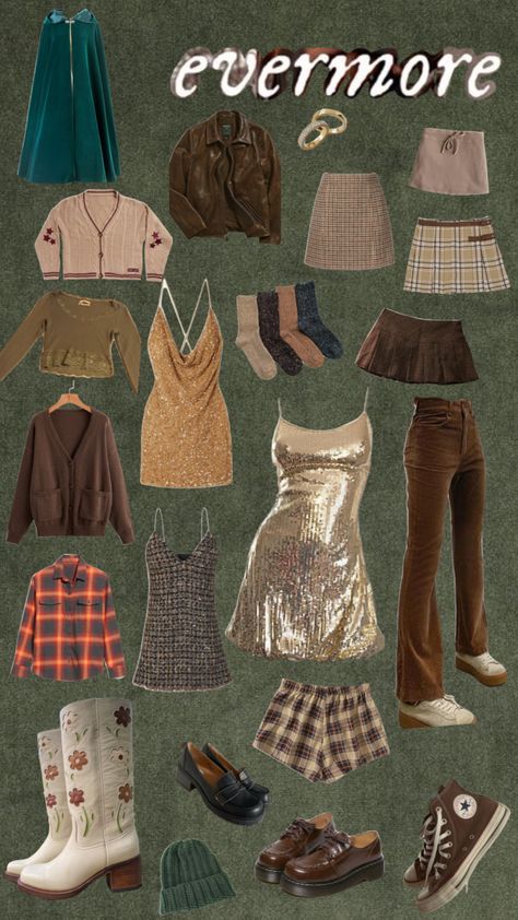 Taylor Swift Tour Outfits Ideas Evermore, Taylor Swift Eras Costume Evermore, Evermore And Folklore Outfits, Taylor Swift Concert Outfit Evermore Era, Taylor Swift Folklore And Evermore Outfits, Ears Tour Outfit Ideas Evermore, Eras Tour Outfit Ideas All Eras, Evermore Themed Outfits, Evermore Taylor Swift Outfits Concert