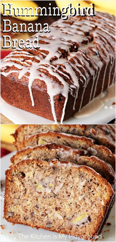 Hummingbird Banana Bread drizzled with Vanilla Glaze Banana And Pecan Loaf, Tropical Fruit Bread, Banana And Pineapple Cake, Banana And Pecan Bread, Banana Bread Pineapple Recipe, Banana Bread Variations Recipe, Banana Bread Recipe Variations, Gourmet Banana Bread Recipe, Humming Bird Bread Recipe