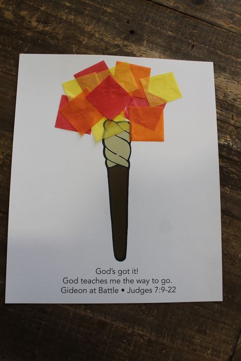 Sample craft for 2s, Week 3, "Light the Torch" Gideon 300 Army Craft, Gideon Torch Craft, Gideon Preschool Craft, Gideon Activity For Kids, Gideon Sunday School Craft, Gideon Crafts For Kids, Gideon Craft Sunday School, Gideon Activity, Gideon Bible Craft