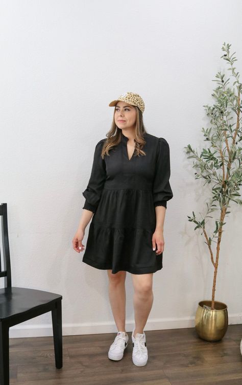 Black Dress With Sneakers, Black Day Dress, Black Dress Outfit Party, Party Shoes Heels, Little Black Dress Outfit, Black Dress Outfit, Black Dress Style, Cap Outfit, Outfit Party