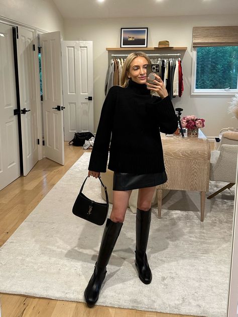 Repeating this chic all black look all season 🖤 I styled this black cashmere turtleneck sweater loose over a leather mini skirt + tall riding boots! Use code SE15 for the sweater and anything else Jenni Kayne. Tap to shop and bring this fashion inspo to life! Tall Boots Outfit Fall Styles, Riding Boots Outfit Fall, Black Boots Outfit Winter, Black Riding Boots Outfit, Skirt Boots Outfit, Riding Boots Outfit, Tall Black Boots Outfit, Leather Mini Skirt Outfit, Tall Boots Outfit