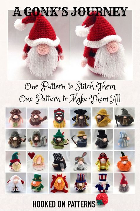 Free Gonk Crochet Patterns - A Gonk's Journey. Start the epic journey at HookedOnPatterns.com. One pattern to make them all! #gonk #santa #doll #cute #Crochet #freecrochet #crochetblogger #crochetblog #bloggers #Amigurumi #freecrochetpatterns #HOP #croche Gonk Crochet, Gnome Doll, Crochet Penguin, Crochet Xmas, Santa Doll, Crochet Christmas Decorations, Crochet Gratis, Crochet Amigurumi Free Patterns, Crochet Amigurumi Free