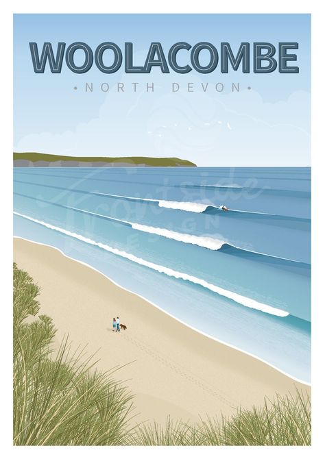 Cornwall Poster, Woolacombe Devon, Woolacombe Beach, Surfing Poster, Devon Cornwall, Devon Uk, Devon And Cornwall, North Devon, Retro Travel Poster