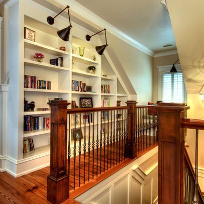 Hallway library idea. - Is it possible to turn half wall into build ins? Home Office Traditional, Home Library Design Ideas, Home Library Decor, Upstairs Hallway, Hallway Designs, Hallway Design, Home Library Design, Design Library, Hallway Storage