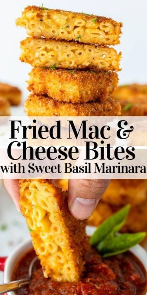 Fried Mac And Cheese Bites, Mac Cheese Bites, Fried Mac And Cheese, Mac And Cheese Bites, Cheese Bites, Sweet Basil, Fun Baking Recipes, Snack Box, Easy Baking Recipes