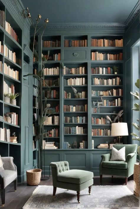 What Are the Charcoal Blue Confessions in Sage Green's Stylish Library Retreat [2024]? - West Pear Interiors Maximalist Library, Green Library Room, Home Library Ideas Small, Blue Green Rooms, Moody Maximalist, Green Bookshelves, Blue Bookshelves, Green Library, Home Library Rooms