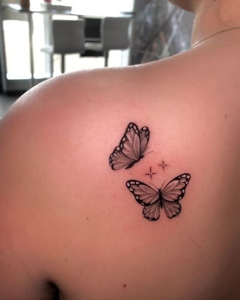 Butterfly On Scar Tattoo, Back Shoulder Butterfly Tattoo For Women, Butterfly Back Shoulder Tattoo, Butterfly Tattoo On Back Shoulder, Butterfly Tattoo With Sparkles, Butterfly On Shoulder Tattoo, Butterfly With Sparkles Tattoo, Butterfly Sparkle Tattoo, Butterfly Tattoo Back Shoulder