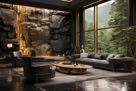 Luxurious Home Interior With Waterfalls Luxurious Mansions Interior, Modern Mountain House, Lobby Ideas, Luxurious Mansion, Luxury Mansions Interior, Aesthetic Dream, Luxury Mansion, Small Condo, Dark Modern