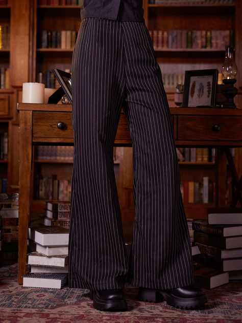 Pinstripe Flare Pants, Emo Academia, Pinstripe Trousers Outfit, Emo Rat, Mary Jane Outfit, Faire Outfit, Steampunk Pants, 20’s Style, Ren Faire Outfits