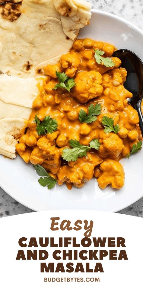 This super easy, ultra creamy, and heavily spiced Cauliflower and Chickpea Masala will be your new favorite weeknight dinner! So much flavor, so little effort. Cauliflower Masala, Cauliflower And Chickpea Curry, Chickpea Masala, Cauliflower Chickpea, Veg Curry, Spiced Cauliflower, Budget Bytes, Easy Cauliflower, Veggie Meals