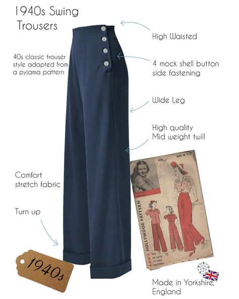 1940s Swing Trousers - Navy 1930s Fashion Pants, 1940s Womens Pants, Vintage Pants Pattern, 1940s Pants Women, 1940s Sewing Patterns, 1940s Outfits For Women, Lindy Hop Outfit, 1940s Summer Fashion, 1940’s Outfits