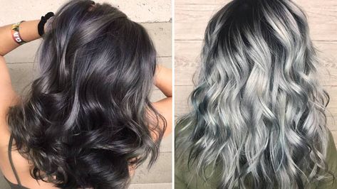 Hair With Pale Skin, Blue Gray Hair, Blue Grey Hair, Ashy Hair, Grey Hair Looks, Gray Balayage, Denim Hair, Grey Highlights, Ombré Hair